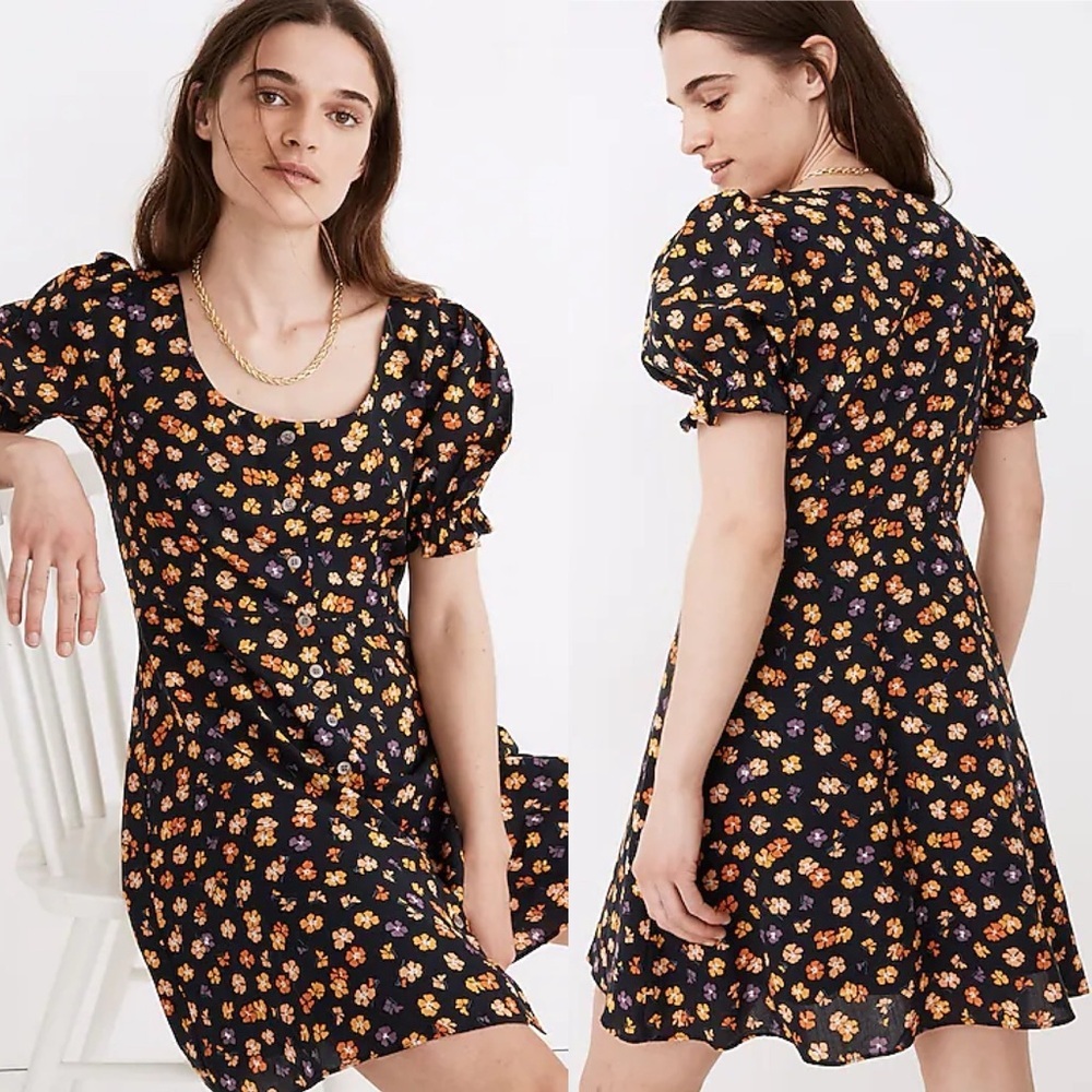 Madewell 2 Smock Sleeve Button Front Mini Dress in Happy Hibiscus Blue Orange